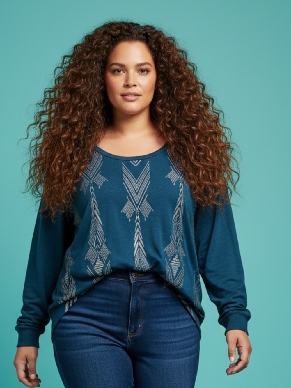 Addition Elle Dark Turquoise Silver Metallic Graphic Long Sleeve Top Size 3X